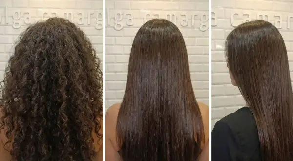 Antes y después de un tratamiento de queratina que es. Cabello rizado y encrespado se transforma en liso y brillante.