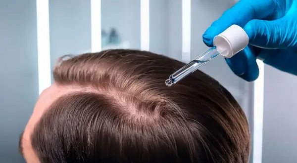 Un guante azul aplica un suero en el cuero cabelludo, buscando el mejor tratamiento capilar para revitalizar el cabello.