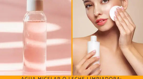 Botella de agua micelar rosa y mujer aplicándose leche limpiadora en el rostro con un disco de algodón.