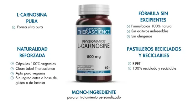 L-Carnosina pura 500 mg: descubre para qué sirve este suplemento monoingrediente, con fórmula natural y cápsulas vegetales.