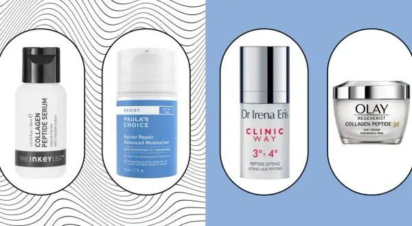 Rutina de cuidado facial con péptidos para la cara: serum, crema y loción de The Inkey List, Paula's Choice, Dr. Irena Eris y Olay.