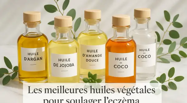 Cinco botellas de aceites vegetales: argán, jojoba, almendras dulces y coco. El mejor aceite esencial para la dermatitis.