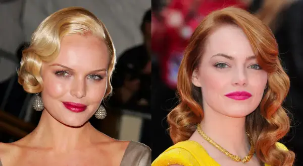 Dos mujeres con peinados años 20: una rubia con ondas marcadas y otra pelirroja con rizos elegantes.