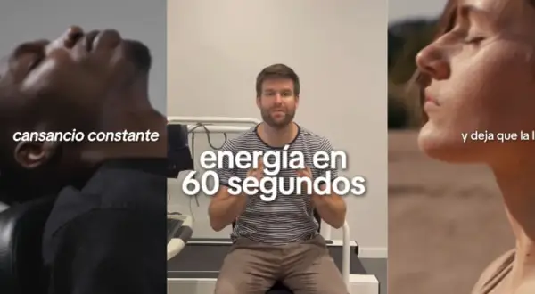 Cómo combatir el cansancio extremo: hombre con energía en 60 segundos, mientras otro sufre cansancio constante y una mujer respira profundo.