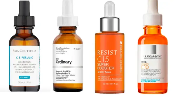 Cuatro sérums de vitamina C, algunos con posibles efectos secundarios en la cara, como irritación.