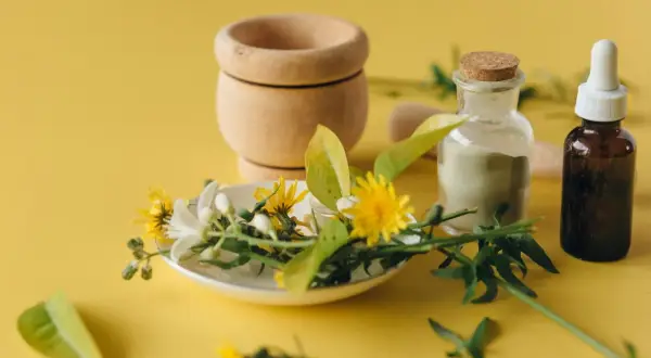 Mortar de madera, flores y hierbas frescas, polvo verde en frasco y frasco de aceite ámbar, listos para crear sinergias de aceites esenciales.