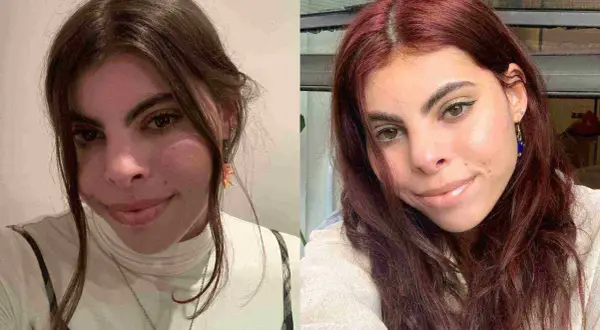 Antes y después: cómo quitar un tinte rojo para poner un castaño. Mujer con cabello castaño y luego con cabello rojo.