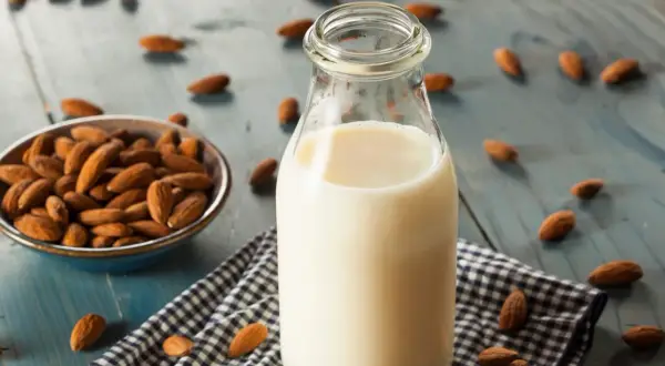 Botella de leche de almendras junto a un cuenco con almendras. Descubre las leche de almendras propiedades y beneficios.