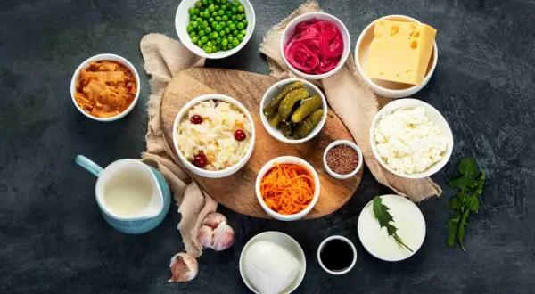 Variedad de 20 alimentos probióticos: kimchi, chucrut, pepinillos, yogur, queso, cebolla morada encurtida, zanahoria rallada, guisantes, ajo, semillas de lino y más.
