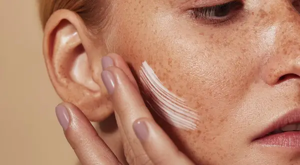 Una mano aplica crema en la mejilla de una mujer con pecas. La crema, que ayuda a controlar el sebo, deja un rastro blanco.