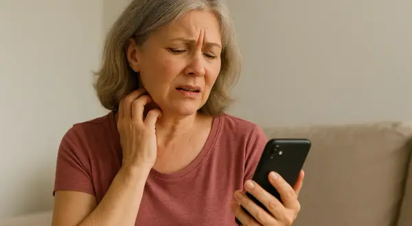 Mujer con cabello gris se rasca el cuello, preocupada mientras mira su teléfono, buscando cómo aliviar los picores en la menopausia.