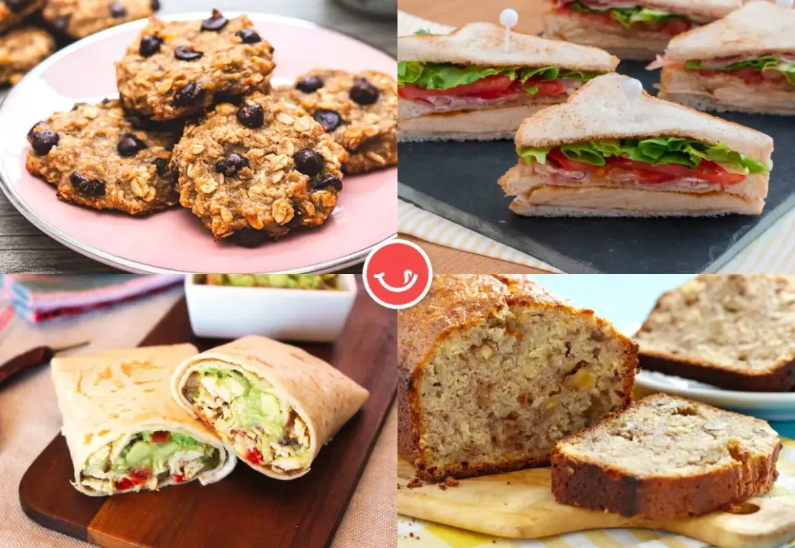 Galletas de avena, sándwiches, burritos y pan de plátano, opciones deliciosas para una merienda sana.