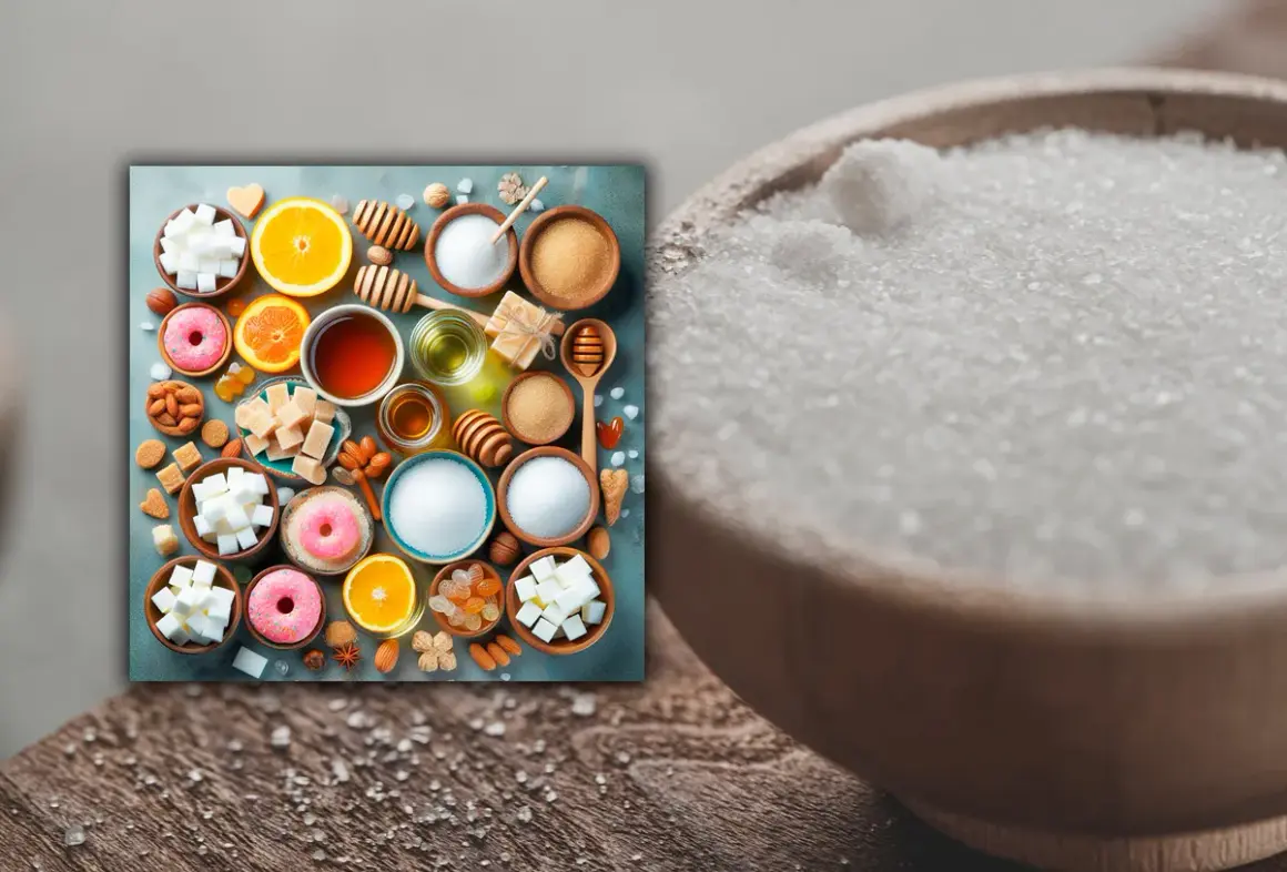 Variedad de alternativas al azúcar: cubos de azúcar, miel, naranjas, donas y frutos secos.