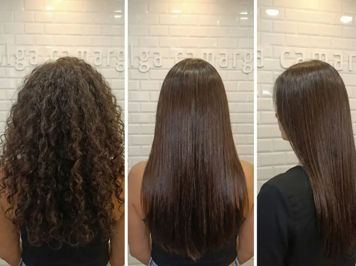 Antes y después de un tratamiento de queratina que es. Cabello rizado y encrespado se transforma en liso y brillante.