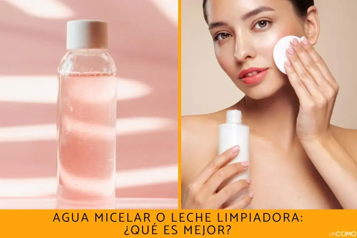 Botella de agua micelar rosa y mujer aplicándose leche limpiadora en el rostro con un disco de algodón.