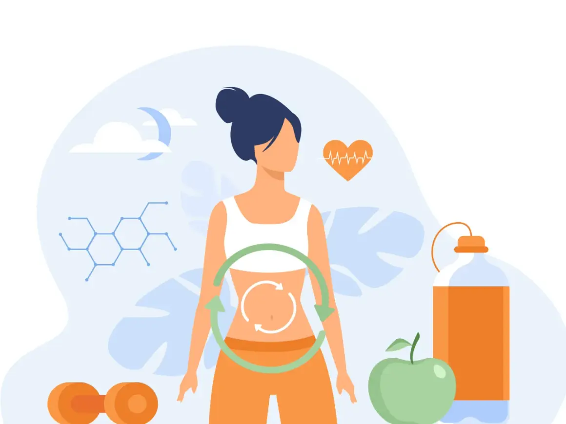 Mujer con símbolo de ciclo en abdomen, representando los tipos de metabolismo. Incluye pesas, manzana, botella y gráfico de ritmo cardíaco.