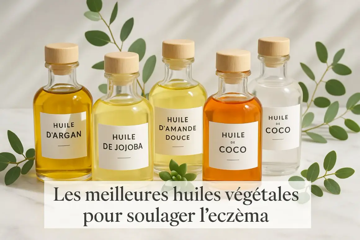 Cinco botellas de aceites vegetales: argán, jojoba, almendras dulces y coco. El mejor aceite esencial para la dermatitis.