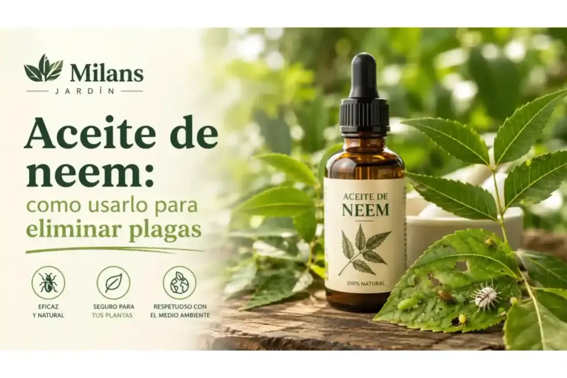 Aceite de neem en frasco, ideal para eliminar plagas de forma natural y segura para tus plantas y el medio ambiente.