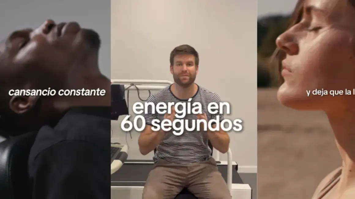 Cómo combatir el cansancio extremo: hombre con energía en 60 segundos, mientras otro sufre cansancio constante y una mujer respira profundo.
