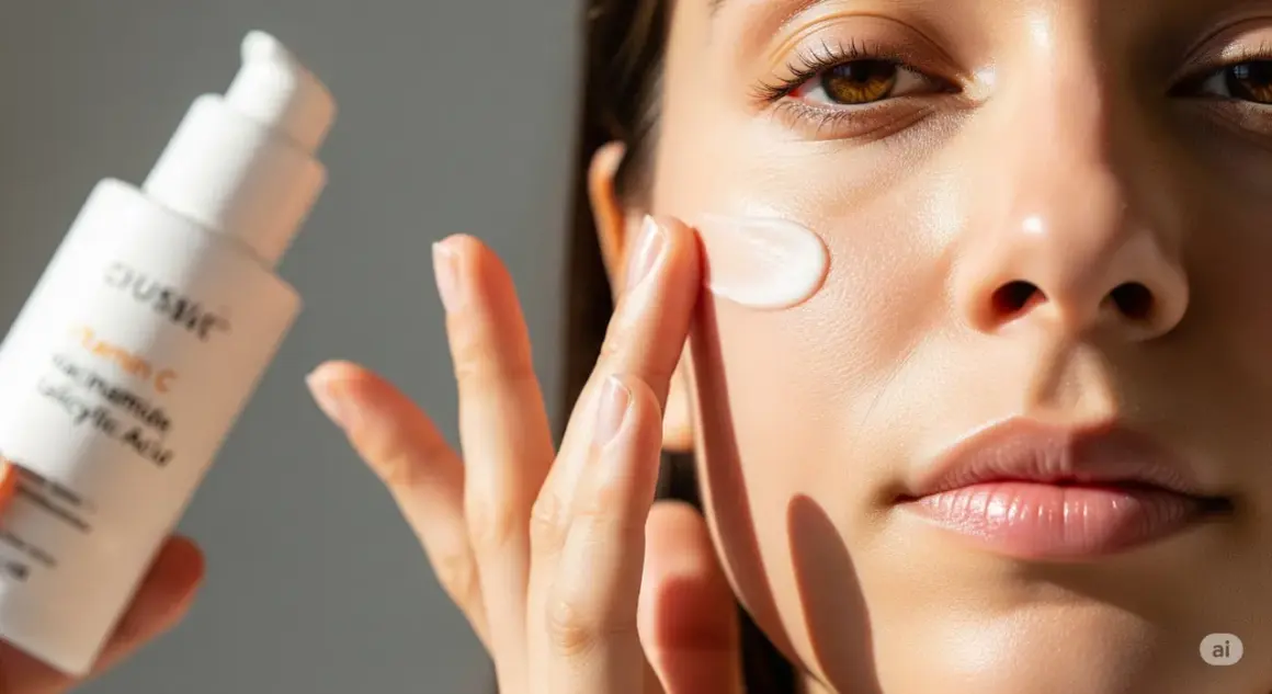 Una mano aplica crema con ácido salicílico y vitamina C en el rostro.