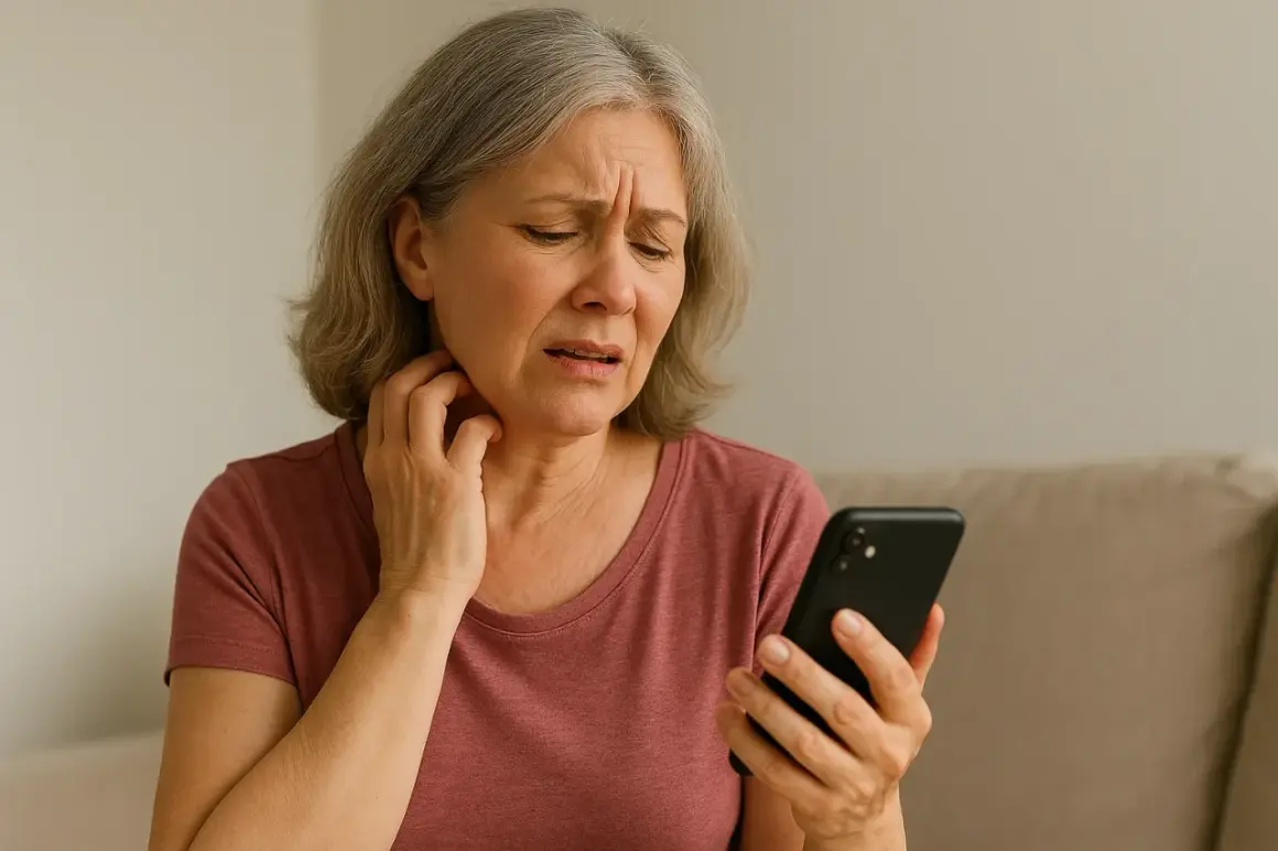 Mujer con cabello gris se rasca el cuello, preocupada mientras mira su teléfono, buscando cómo aliviar los picores en la menopausia.