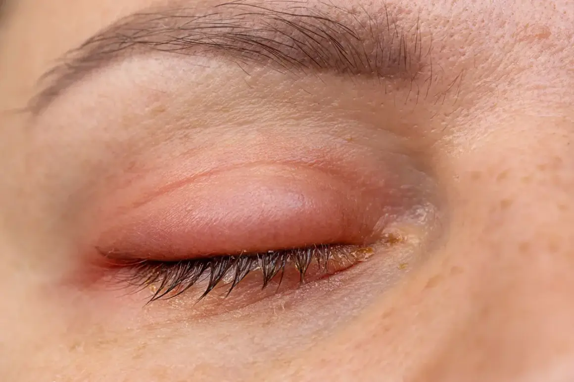 Ojo con párpado superior enrojecido e inflamado, formando un bulto que parece un pómulo hinchado sin dolor.
