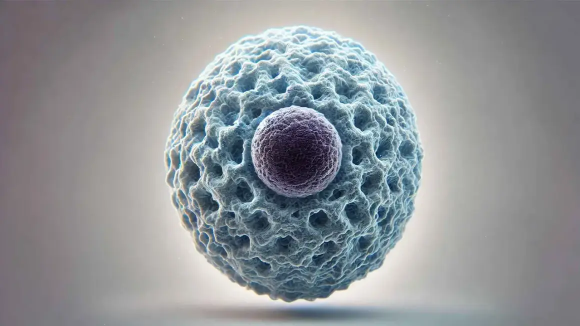 Célula con núcleo púrpura y citoplasma azul texturizado. Podría representar un escenario de linfocitos altos, indicando una respuesta inmune activa.