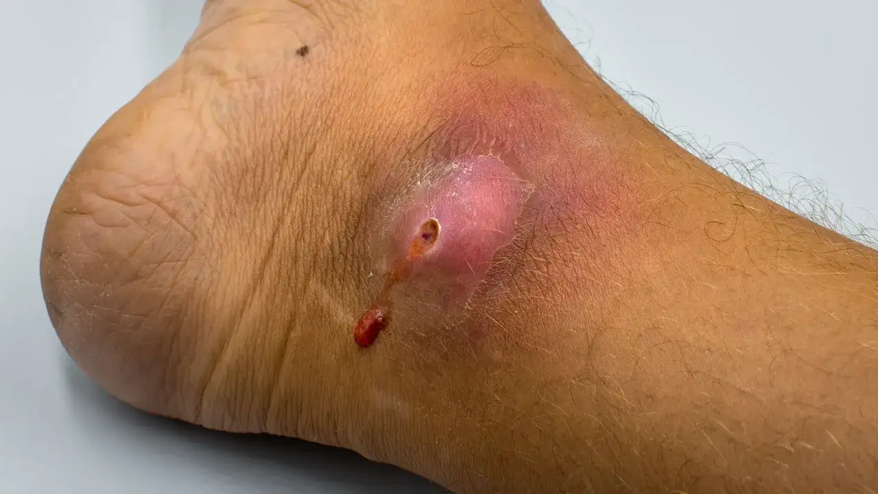 Pie con herida infectada con pus. Muestra enrojecimiento e inflamaci&oacute;n alrededor de la lesi&oacute;n, con secreci&oacute;n purulenta.