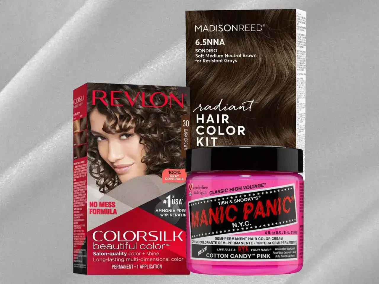 Cajas de tintes Revlon, Madison Reed y Manic Panic. El tinte sin amoniaco se va con los lavados, pero este kit promete color duradero.