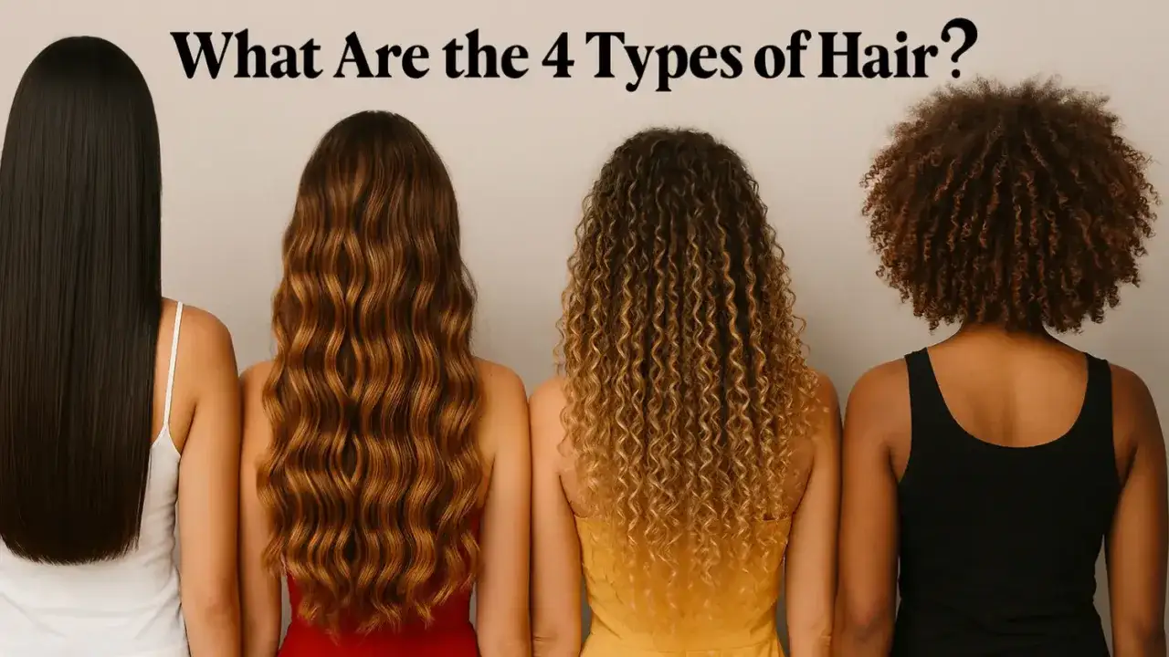 Cuatro mujeres muestran diferentes tipos de pelo: liso, ondulado, rizado y afro. Cada forma de pelo es única.