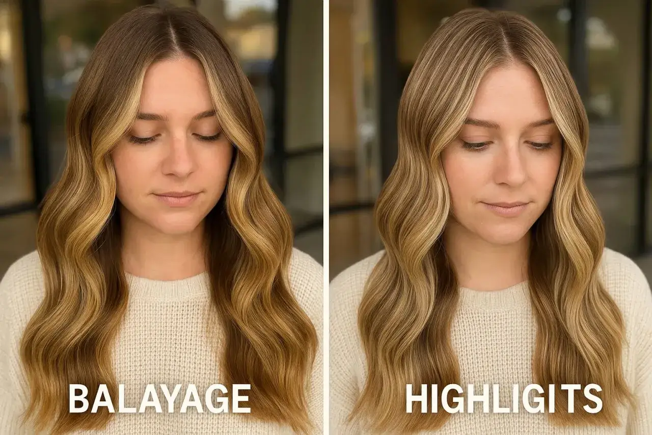 Comparativa de mechas babylight y balayage en cabello rubio. La imagen de la izquierda muestra un balayage con transiciones suaves, mientras que la de la derecha exhibe mechas babylight m&aacute;s definidas.
