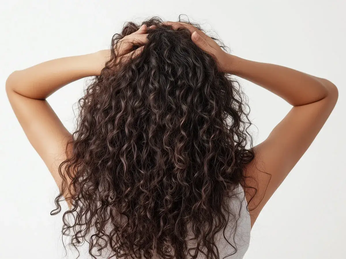 Mujer con pelo rizado oscuro, mostrando c&oacute;mo peinar pelo rizado con las manos.