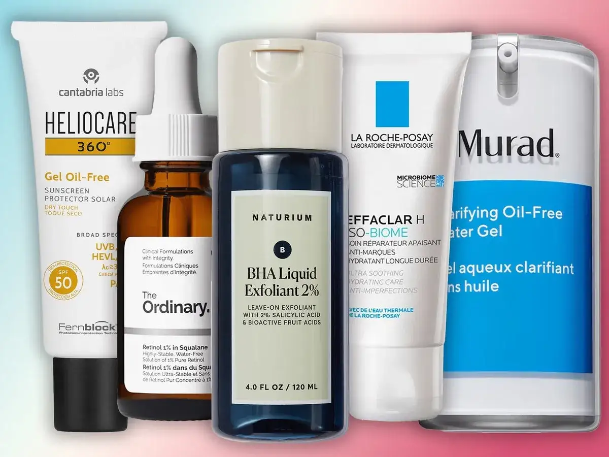 Rutina para saber porque salen granos en la cara en adultos: protector solar Heliocare, s&eacute;rum The Ordinary, exfoliante Naturium, Effaclar H y gel Murad.