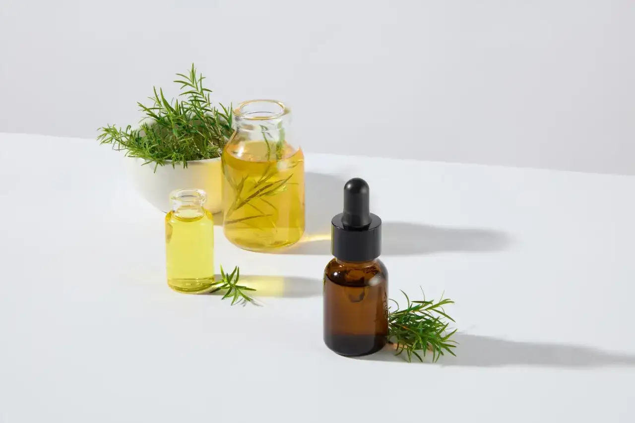 Aceite de árbol de té para que sirve: frascos con aceite esencial y ramitas de la planta, ideal para cuidado de la piel y aromaterapia.