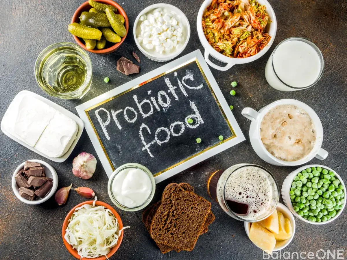 Variedad de 20 alimentos probi&oacute;ticos: yogur, k&eacute;fir, chucrut, pepinillos, queso, chocolate, ajo, cerveza y m&aacute;s.