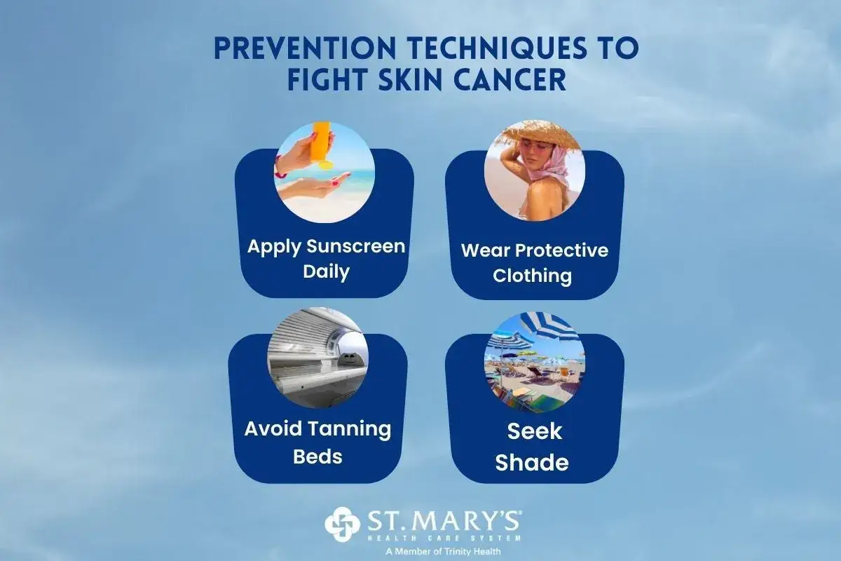 T&eacute;cnicas para prevenir el c&aacute;ncer de piel, incluyendo c&oacute;mo evitar el melanoma: aplica protector solar, usa ropa protectora, evita camas de bronceado y busca sombra.
