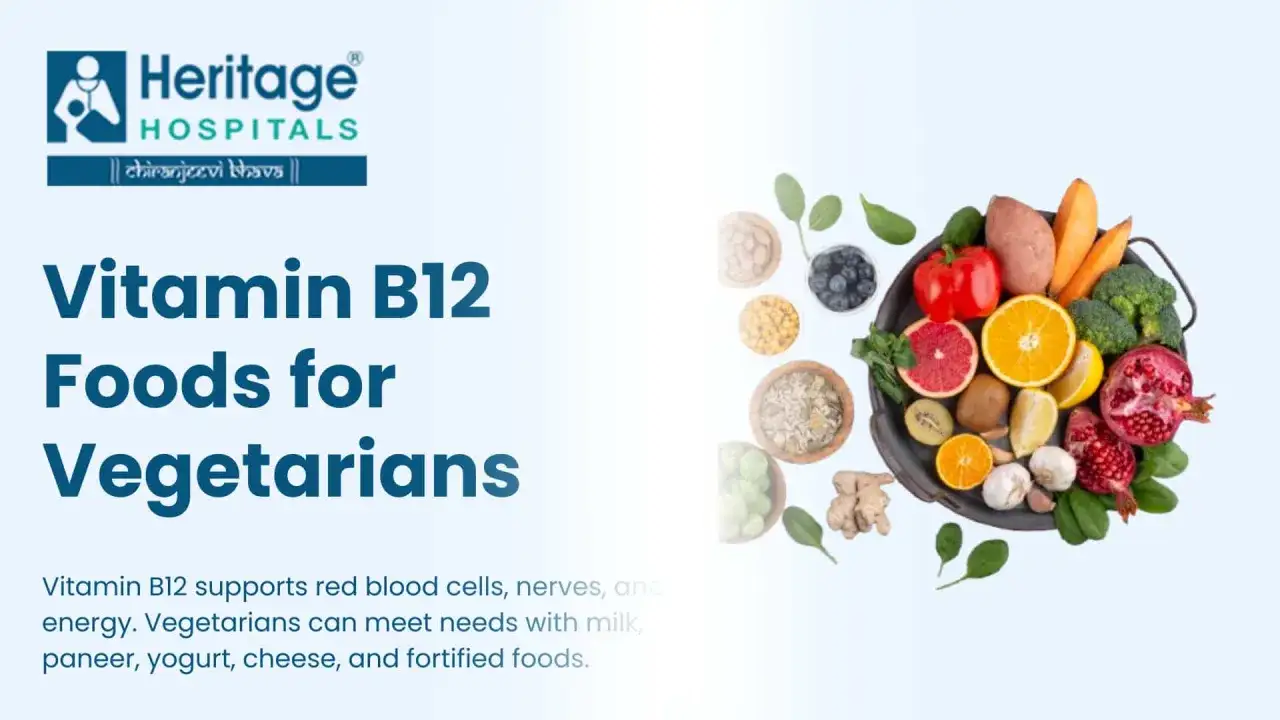 Variedad de frutas y verduras, como naranjas, granadas, kiwis y brócoli, que ayudan a obtener vitamina B12.