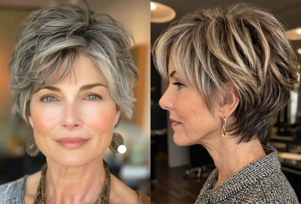 Dos estilos modernos de peinados para mujeres mayores de 50 años: un corte pixie desgreñado plateado y un bob texturizado con mechas.