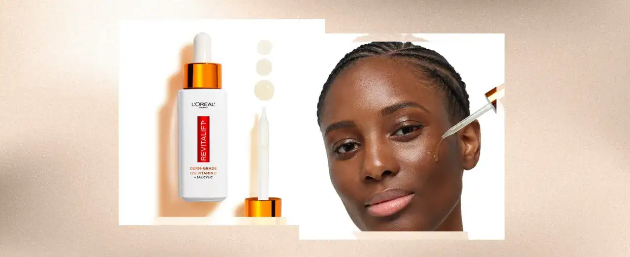 S&eacute;rum L'Or&eacute;al Revitalift con &aacute;cido salic&iacute;lico y vitamina C, aplicado en el rostro de una mujer para una piel radiante.