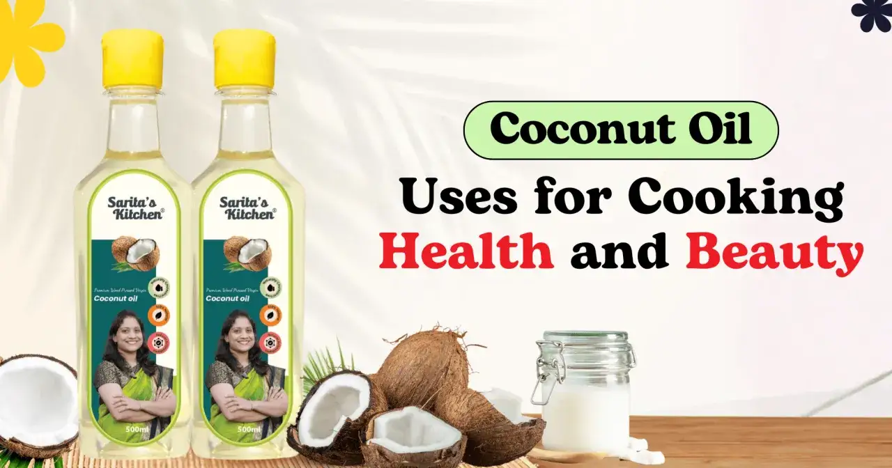 Aceite de coco: descubre para qu&eacute; sirve en cocina, salud y belleza. Botellas de aceite de coco, cocos y un frasco con leche de coco.