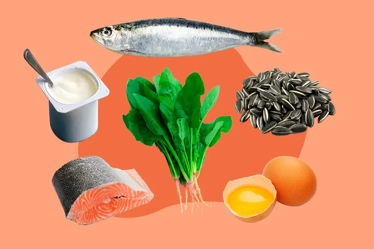 Sardinas, salm&oacute;n, espinacas, yogur, semillas de girasol y huevos: alimentos con vitamina B para una dieta equilibrada.