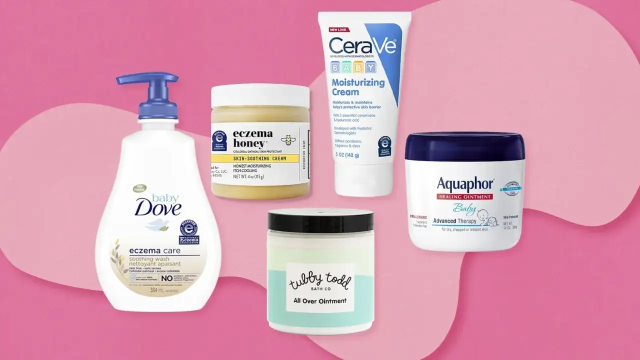 Productos para el cuidado de la piel atópica: jabón Dove, crema Eczema Honey, CeraVe Baby y Aquaphor.
