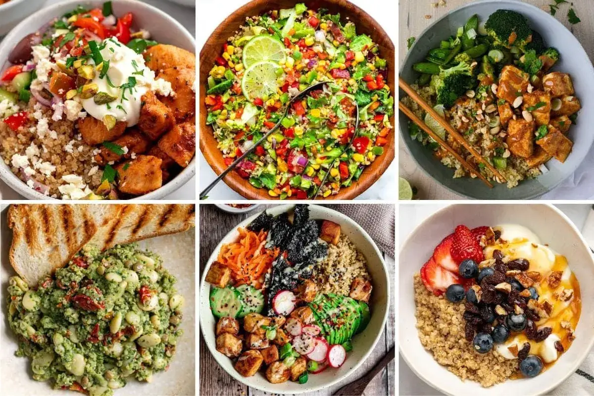 Seis deliciosos platos con quinoa, destacando sus versátiles propiedades nutricionales en ensaladas, bowls y desayunos.