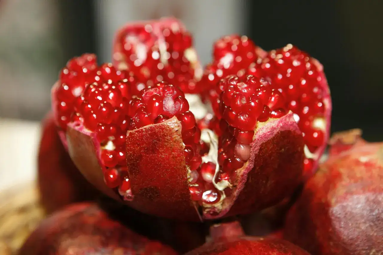 Granada fruta, con sus jugosas semillas rojas brillando, lista para ser disfrutada.