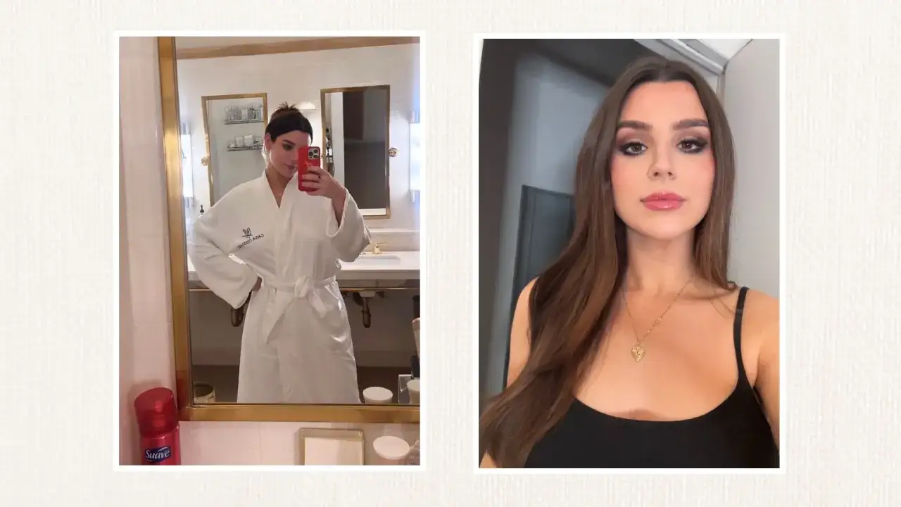 Mujer en bata blanca se toma selfie en el baño, mientras que en la otra imagen luce maquillaje y un collar. ¿Será que se atreve a dormir con el pelo mojado?