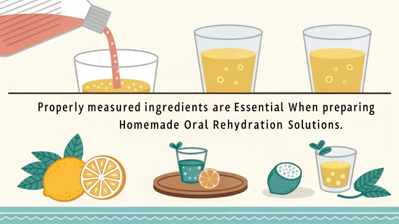 Preparaci&oacute;n de suero casero: ingredientes medidos para una soluci&oacute;n de rehidrataci&oacute;n oral efectiva.