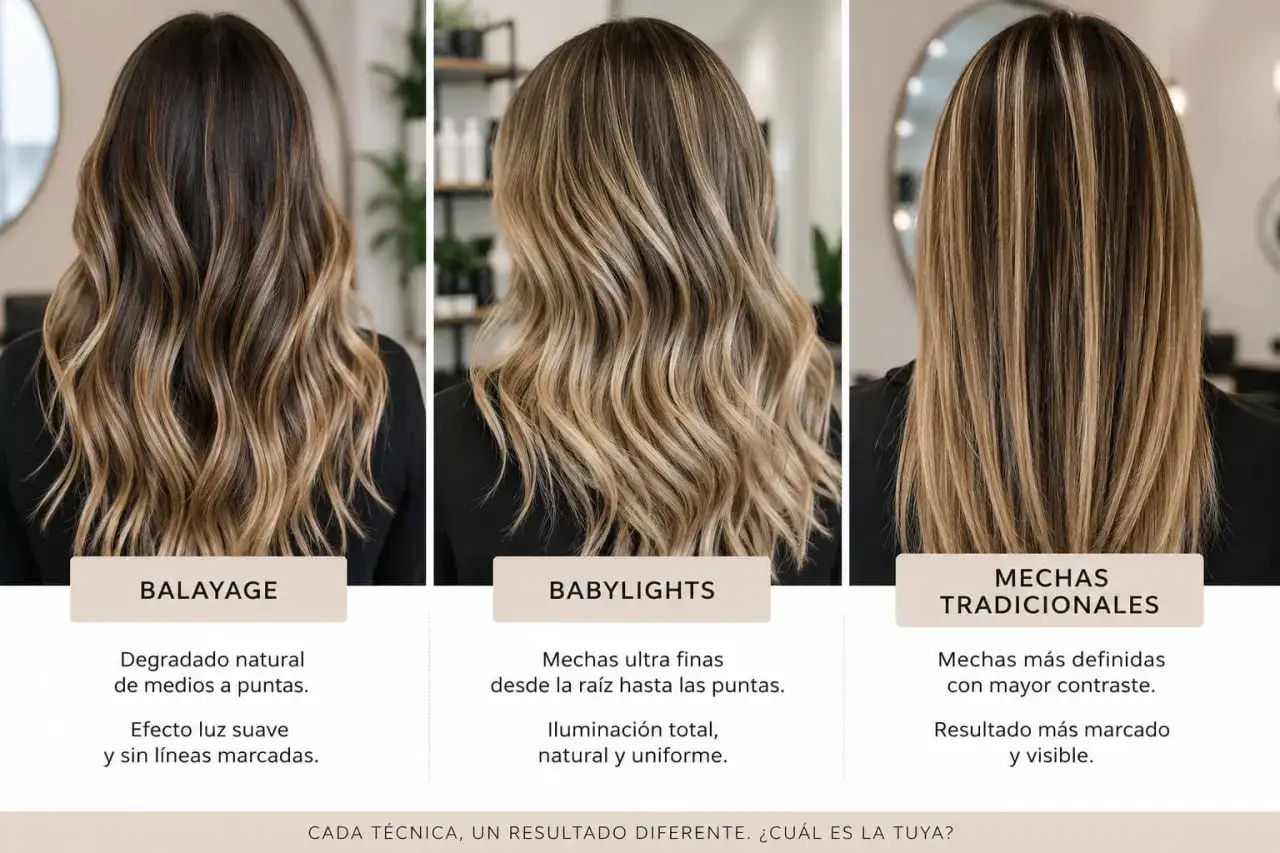 Tres estilos de mechas rubias naturales: balayage, babylights y tradicionales. Cada uno ofrece un efecto único.
