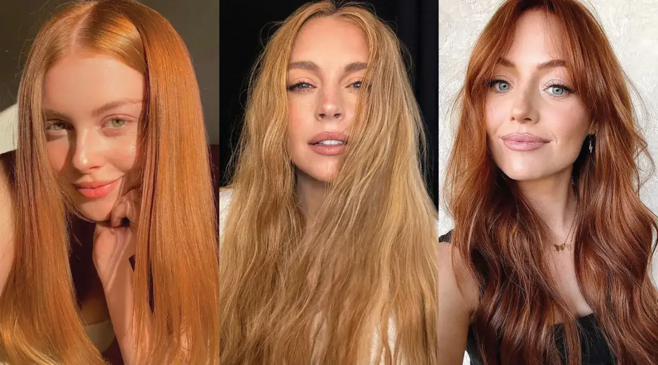 Tres mujeres con un hermoso color de pelo cobrizo dorado, cada una con un estilo &uacute;nico y radiante.