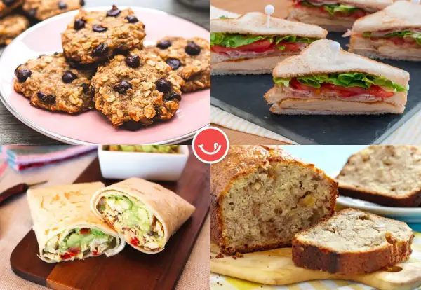 Galletas de avena, sándwiches, burritos y pan de plátano, opciones deliciosas para una merienda sana.