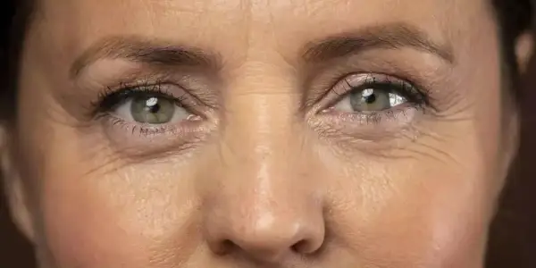 Primer plano de unos ojos verdes con líneas de expresión marcadas alrededor.